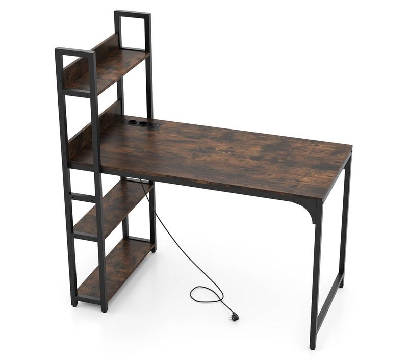 Bureau D'ordinateur 120 X 65 X 130 Cm Avec Multiprise Et Bibliothèque Design Moderne