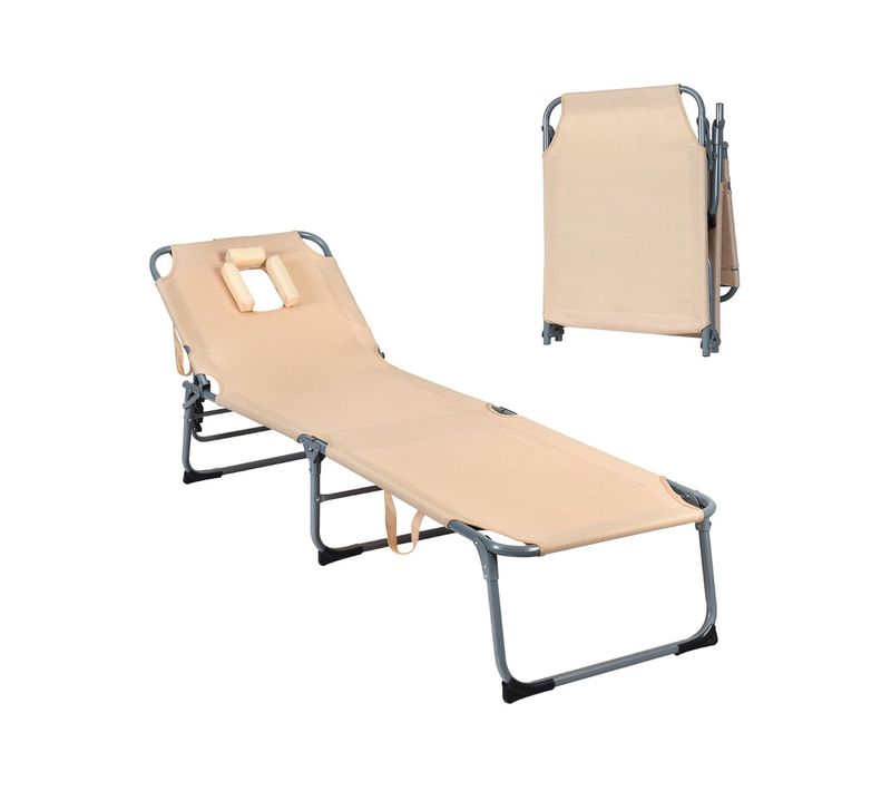 Chaise Longue Pliante 194 X 61 X 36-86 Cm Dossier Réglable 5 Positions Et Oreiller