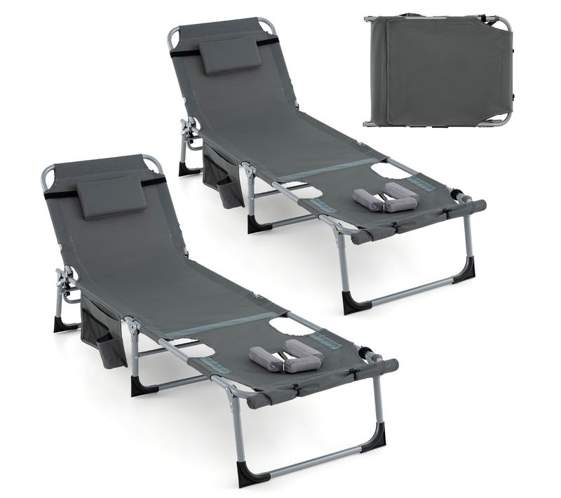 Chaise Longue Pliante 173-193 X 60 X 34-76 Cm 5 Positions Réglables Oreiller Amovible