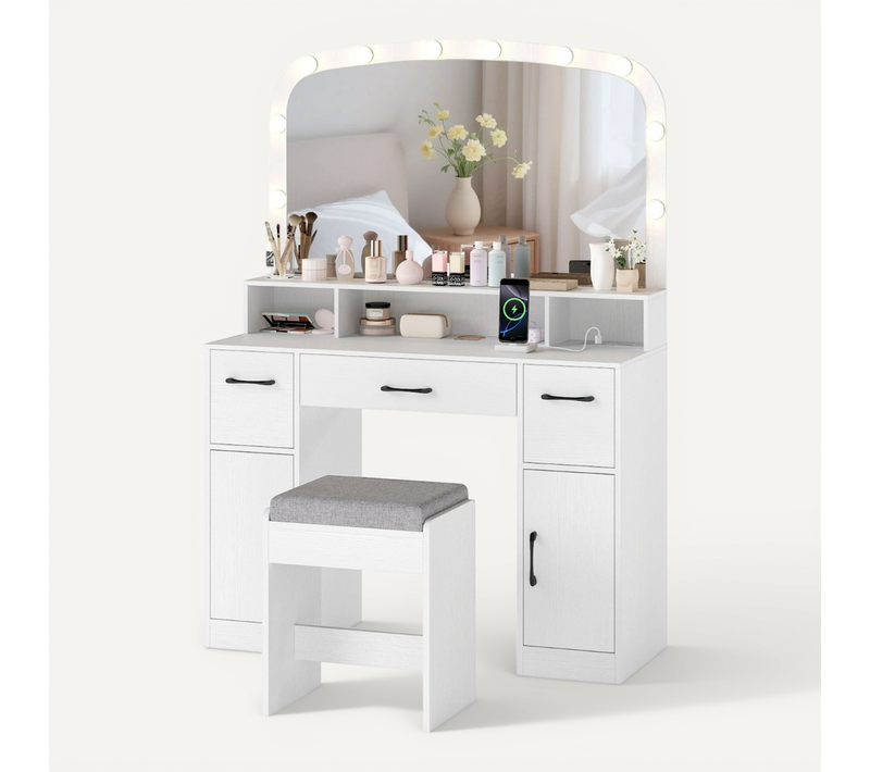 Coiffeuse Avec Miroir Et Éclairage 108 X 40 X 149 Cm Station De Charge Ergonomique