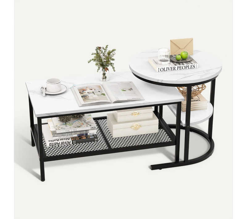 Lot De 2 Tables Basses Gigognes Rectangulaires 80 X 46 X 41 Cm Et Ronde 52 X 52 X 51