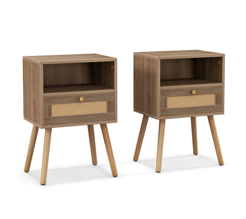 Lot De 2 Tables De Chevet En Rotin 40 X 30 X 60,5 Cm Multifonctionnelles Style Bohème