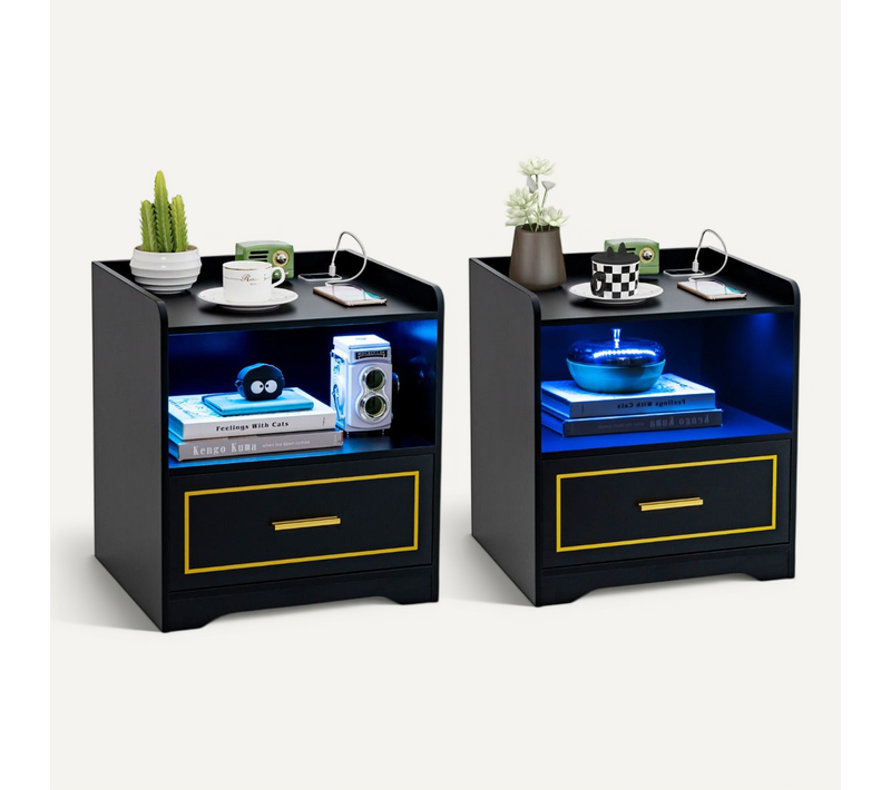 Lot De 2 Tables De Chevet 45 X 40 X 50 Cm Avec éclairage LED Intelligent Et Port USB