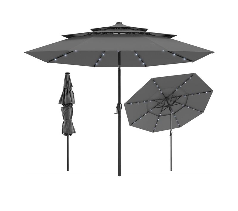 Parasol De Patio Incliné 313 X 248 Cm Avec 32 Lumières LED Et Toit Aéré à 3 Niveaux E