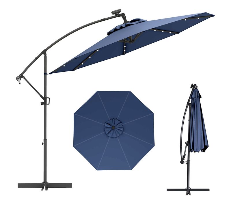 Parasol Déporté 3m Rotatif 360° Avec 24 Lumières LED Solaires Inclinable Et Réglable