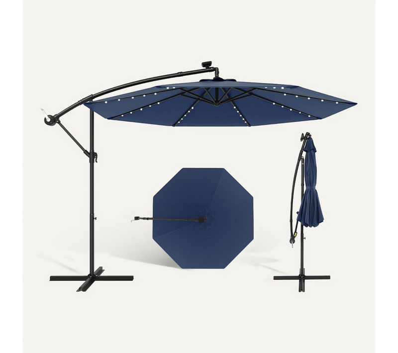 Parasol Déporté 300 X 250 Cm Grand Ombrage Éclairage Solaire Inclinable Décoratif