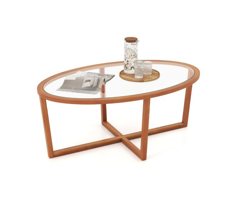 Table Basse Ovale 118 X 71,5 X 47,5 Cm Supérieure En Verre Trempé Avec Pieds En Bois