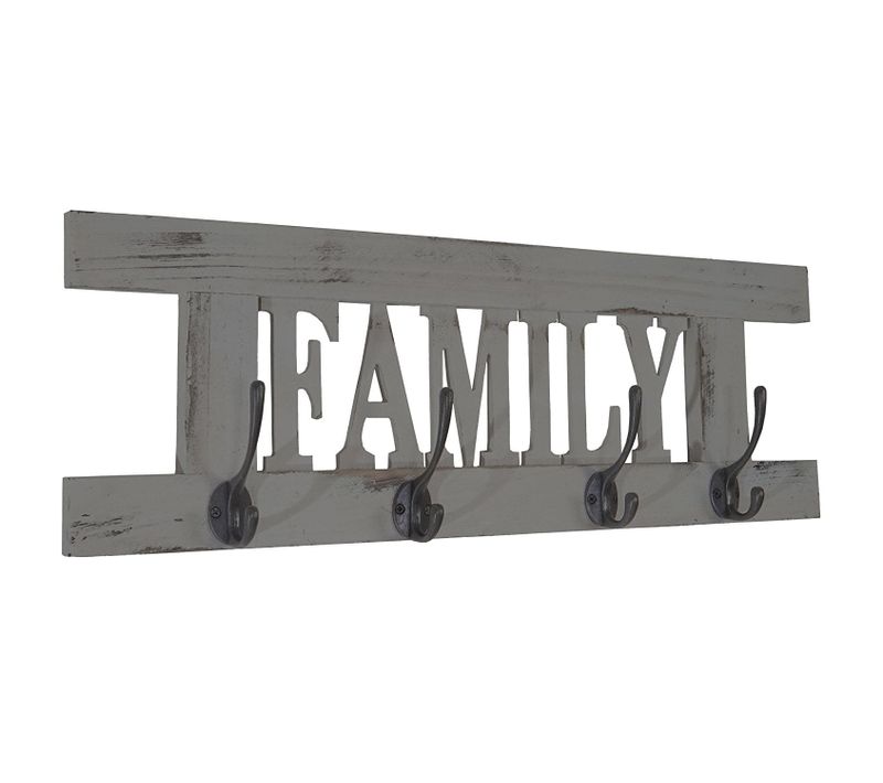 Porte-manteau Mural Patère En Bois Gris Vintage Avec 4 Crochets 20,5x60x1,5 Cm Med04060