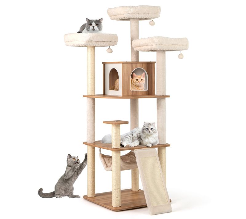 Arbre à Chat Avec Condo Et Hamac 58 X 58 X 168 Cm Pour 2-3 Chats Ambiance Cosy En Bois