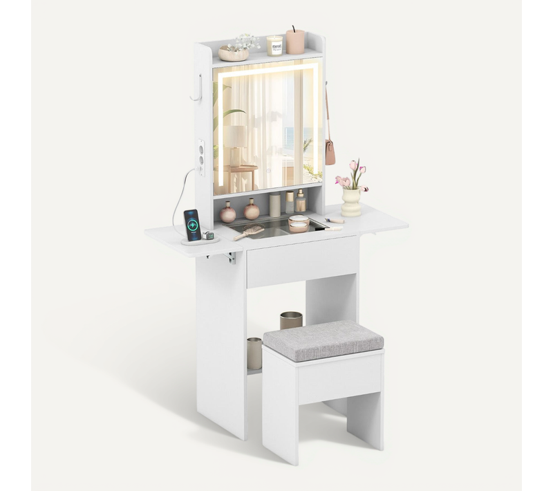 Coiffeuse Avec Miroir Et Lumières 50-94 X 41 X 147 Cm Rangement Pratique Ambiance