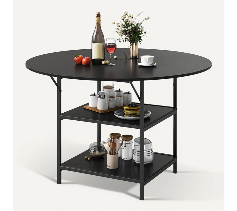 Table à Manger Ronde 120 X 76 Cm 4-6 Personnes Avec Double Étagère Ouverte Design