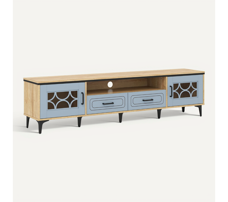 Meuble TV 180,5 X 35 X 46 Cm Avec Rangement Polyvalent Charme Campagnard En Bois Bleu