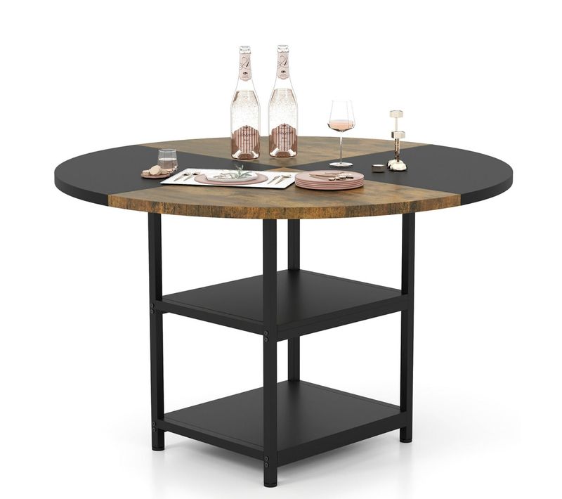 Table à Manger Ronde 119 Cm Pour 4-6 Personnes Avec Rangement 2 Étagères Design