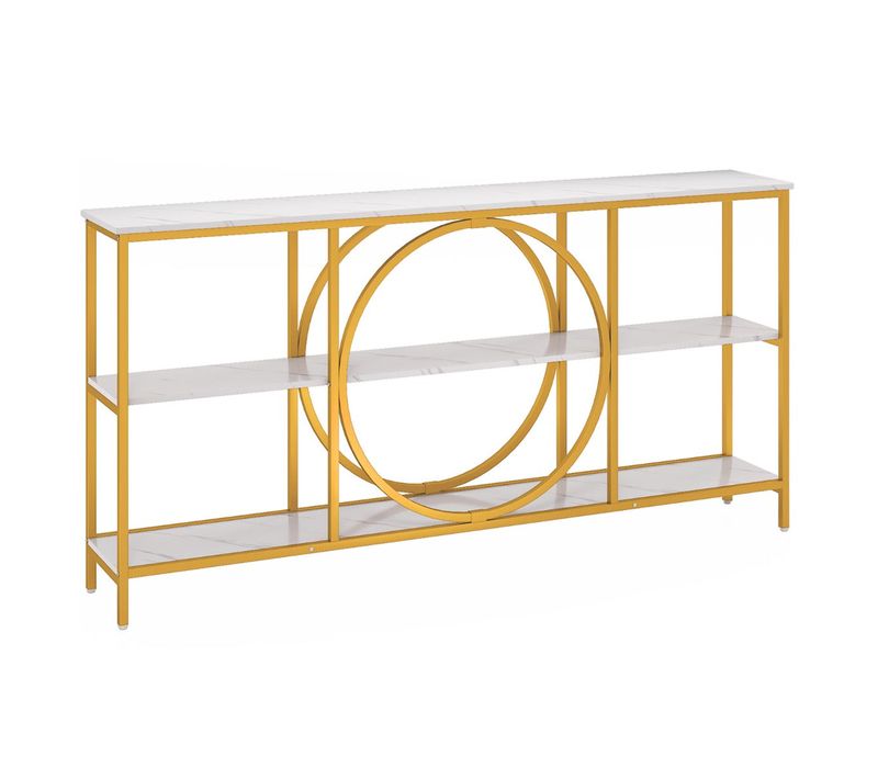 Table Console Extensible 180 X 30 X 90 Cm Cadre Métal Robuste 3 Niveaux De Rangement