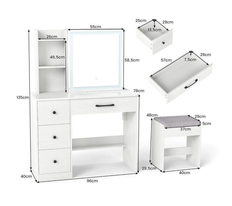 Coiffeuse Avec Miroir Et Tabouret 96 X 40 X 135 Cm Rangement Optimisé Ambiance Modern