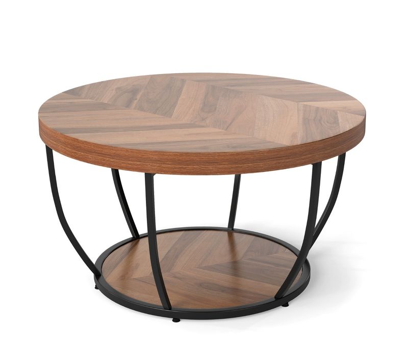 Table Basse Ronde 80 X 80 X 45 Cm Avec 2 Niveaux Espace De Rangement Style Rustique