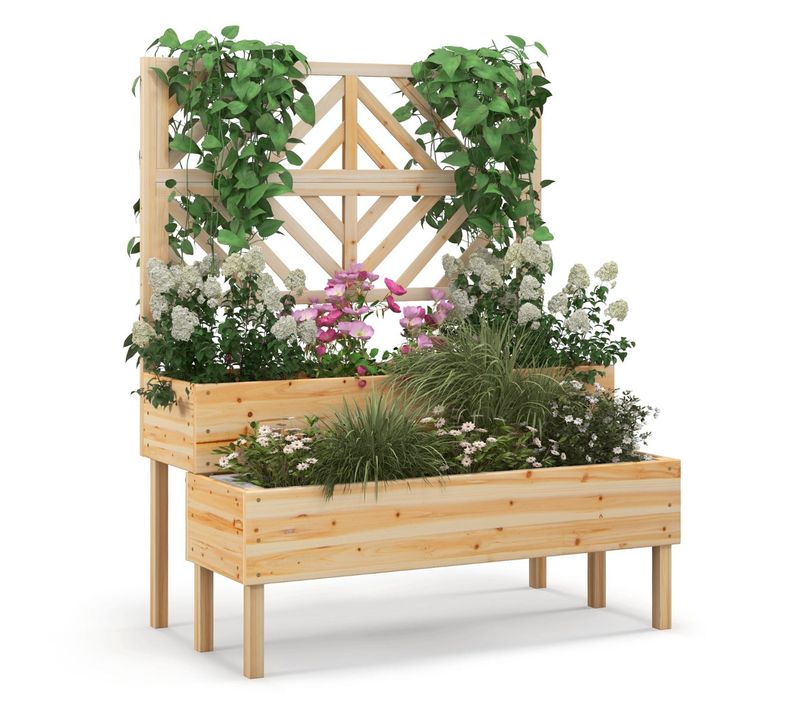 Jardinière Surélevée 2 Niveaux 109 X 62 X 135 Cm Avec Treillis De Soutien Et Drainage