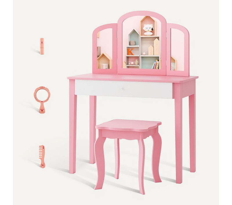 Ensemble Coiffeuse Et Tabouret 70 X 34 X 95,5 Cm Miroir Pliable Rangement Pratique
