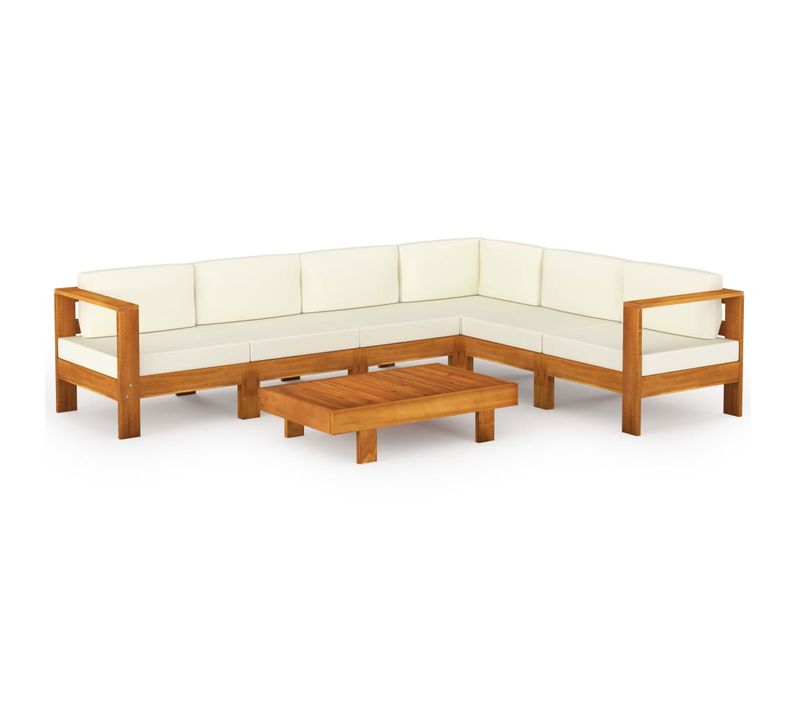 Salon De Jardin Meuble D'extérieur Ensemble De Mobilier 7 Pièces Avec Coussins Blanc Crème Bois