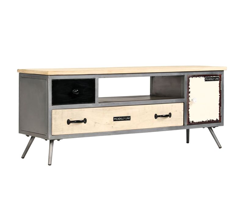 Meuble Télé Buffet TV Télévision Design Pratique Bois De Manguier Massif Et Acier 120