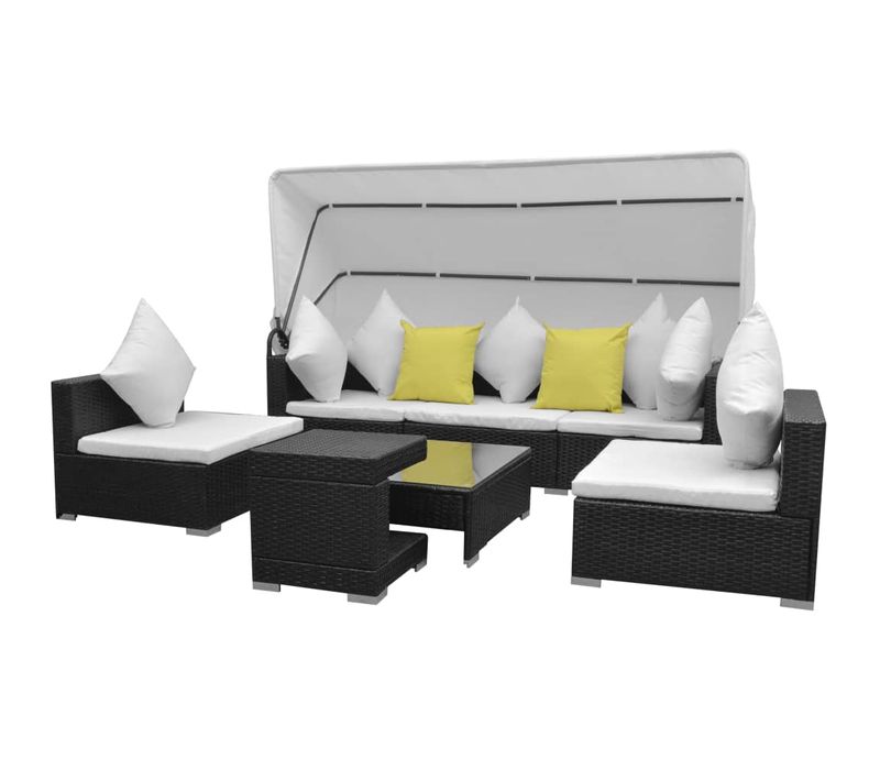 Salon De Jardin Meuble D'extérieur Ensemble De Mobilier 7 Pièces Avec Baldaquin Résine Tressée Noir
