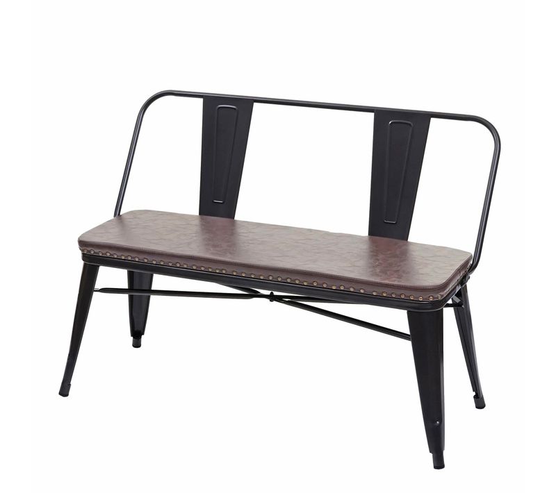 Banc Avec Dossier 2 Places Salle à Manger Design Industriel En Pvc Brun Et Métal Noir 04_0000063