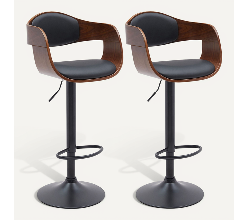 Set De 2 Tabourets De Bar Chaises Hautes Pieds Trompette En Métal Noir Assise En Bois Marron