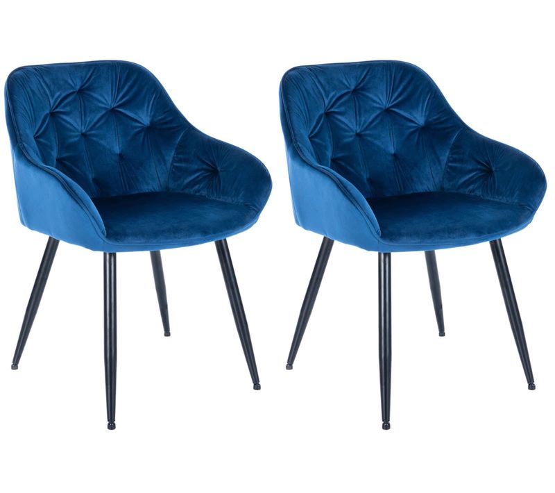Lot De 2 Chaises De Salle à Manger Design Et Moderne Assise En Velours Bleu Et Pieds En Métal Noir