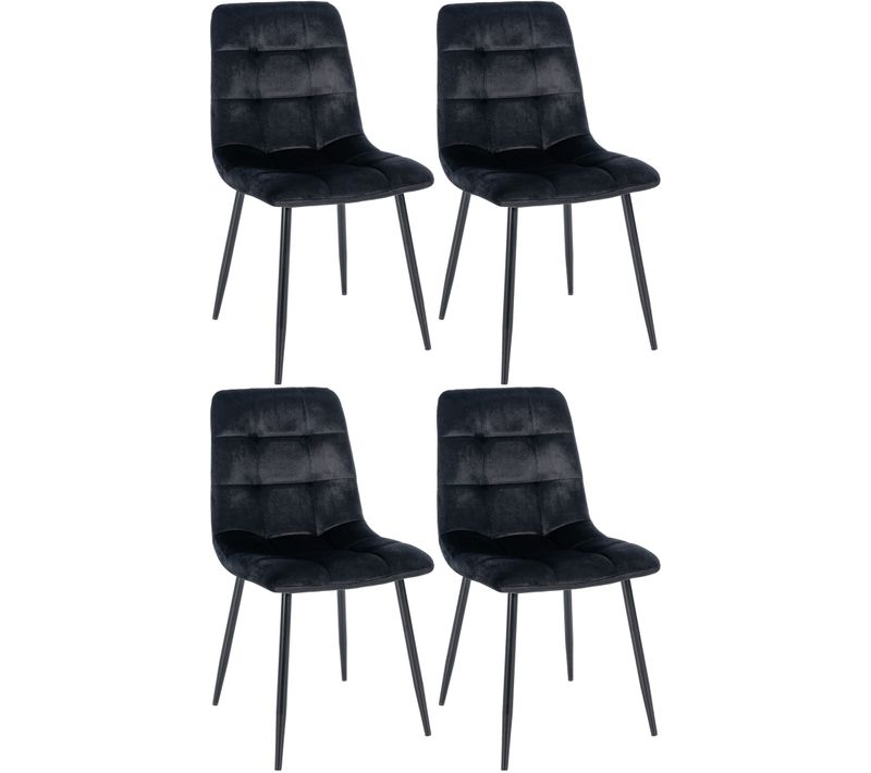 Lot De 4 Chaises De Salle à Manger Coutures Décoratives Carrées En Tissu Velours Noir Pieds Métal