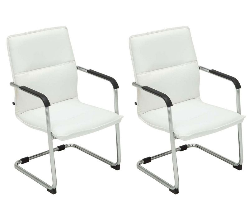 Lot De 2 Fauteuils De Bureau Chaises Visiteur Avec Accoudoirs En Pvc Blanc Et Métal Chromé 10_0001