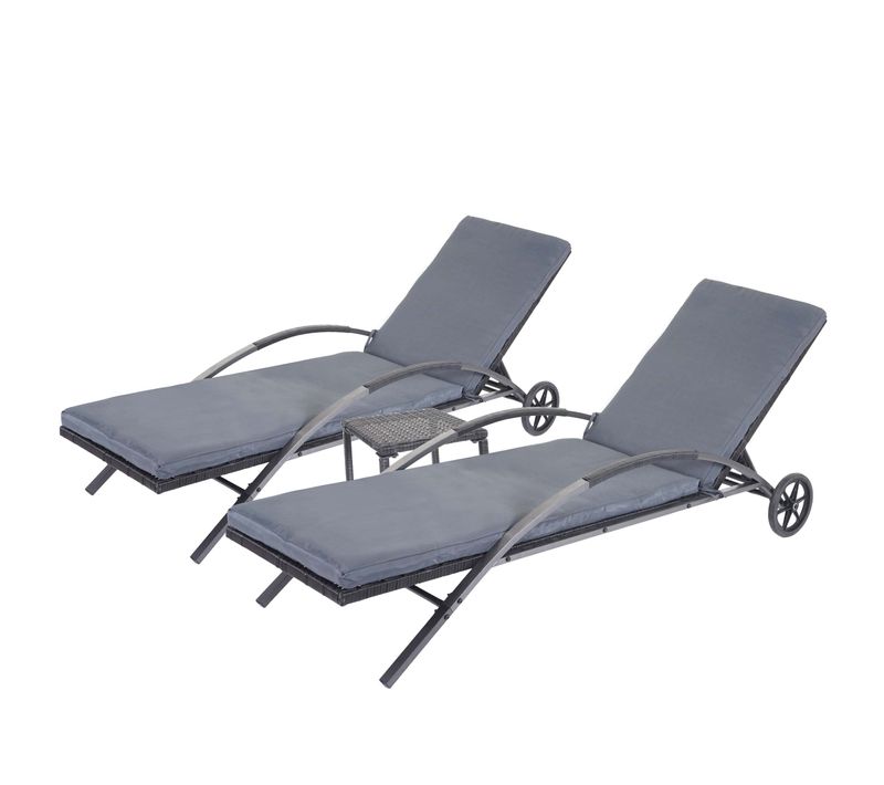 Ensemble De 2 Chaises Longues De Jardin Transat Bain De Soleil Avec Petite Table En Polyrotin Noir