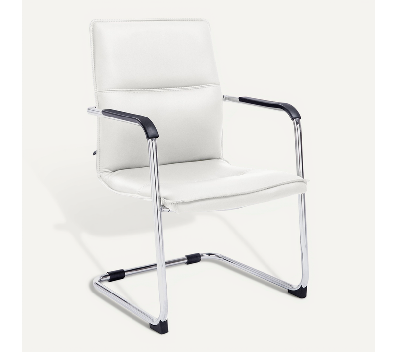 Chaise De Bureau Sans Roulettes Fauteuil Visiteur Avec Accoudoirs En Pvc Blanc Et Métal 10_0001924