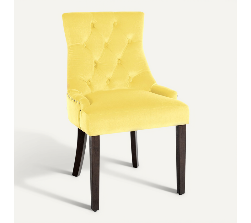 Chaise De Salle à Manger X1 Design Antique Capitonné En Velours Jaune Avec 4 Pieds En Bois Marron