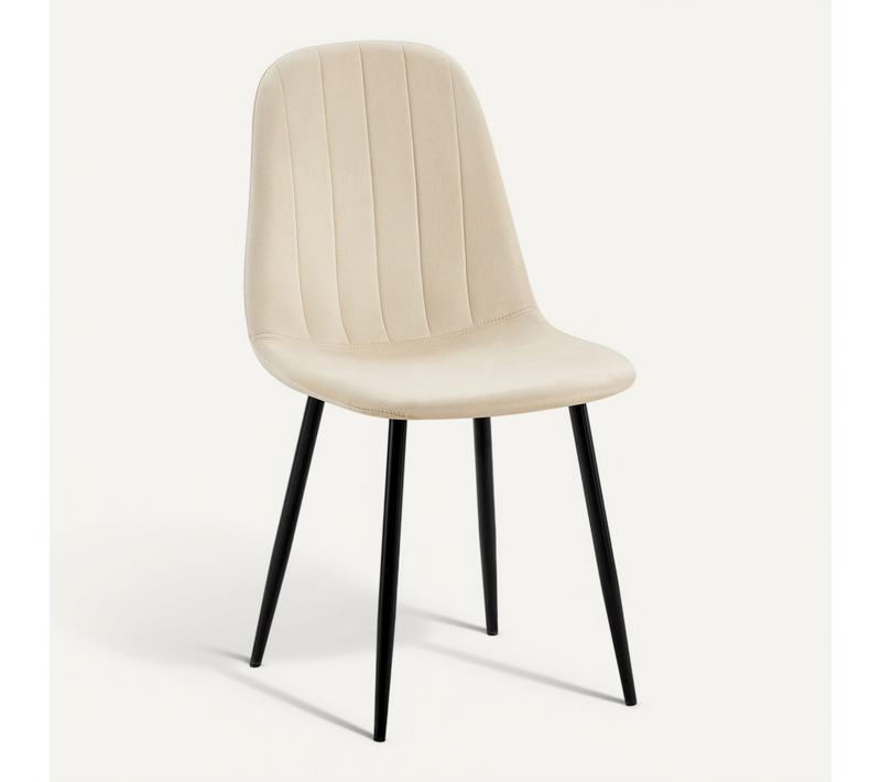 Chaise De Salle à Manger X1 Design Moderne Coutures Verticales Velours Crème Et Pieds En Métal Noi