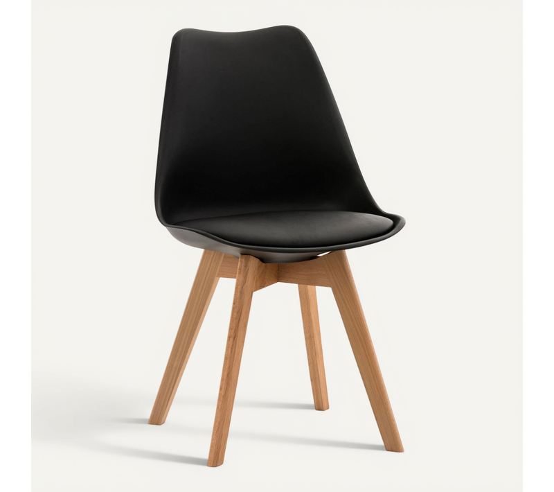 Chaise De Salle à Manger X1 Design Scandinave En Plastique Et Pvc Noir Et Pieds En Bois Clair 10_0
