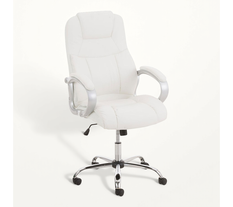 Fauteuil De Bureau Sur Roulettes Avec Accoudoirs Mécanisme à Bascule En Métal Chromé Pvc Blanc 10_
