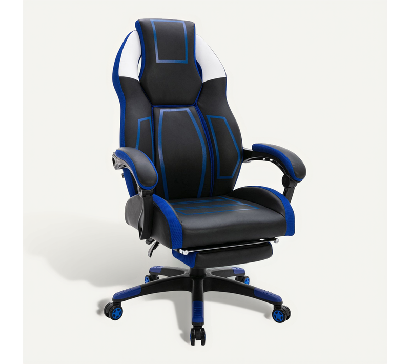 Fauteuil De Bureau Avec Repose-pieds Télescopique Et Accoudoirs En Pvc Noir / Bleu 10_0002448
