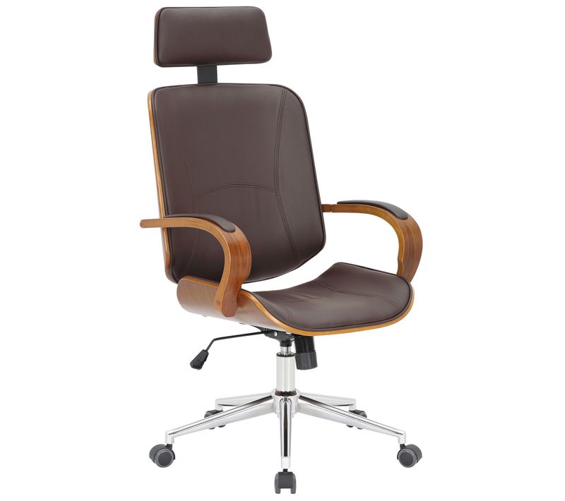 Chaise De Bureau Dossier Et L'appuie-tête En Métal Pvc Marron Et Cadre En Bois Noyer 10_0002450