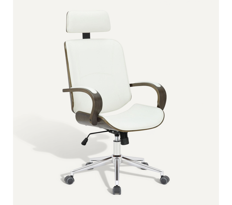 Chaise De Bureau Dossier Et L'appuie-tête En Métal Pvc Blanc Et Cadre En Bois Gris 10_0002456