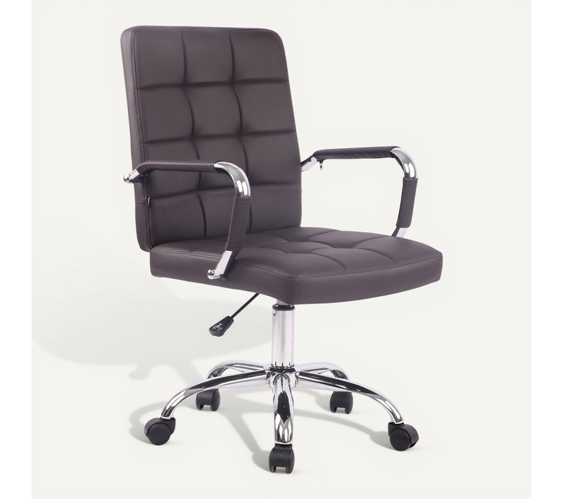 Chaise De Bureau Sur Roulettes Coutures Décoratives Carrées Accoudoirs En Pvc Marron Et Métal Chro