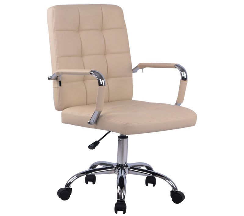 Chaise De Bureau Sur Roulettes Coutures Décoratives Carrées Accoudoirs En Pvc Crème Et Métal Chrom