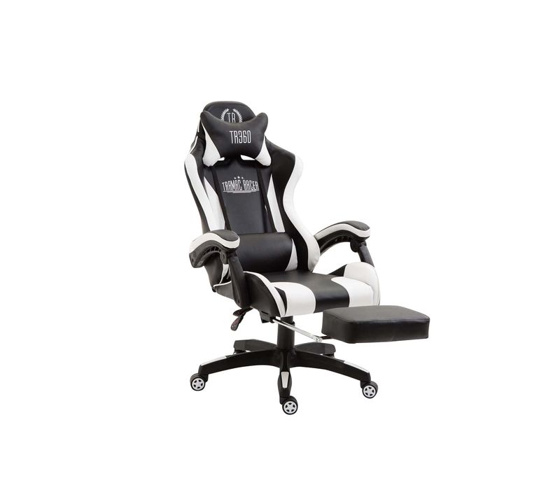 Fauteuil De Bureau Repose-pieds Télescopique Design Sportif Gamer En Pvc Noir / Blanc Et Plastique