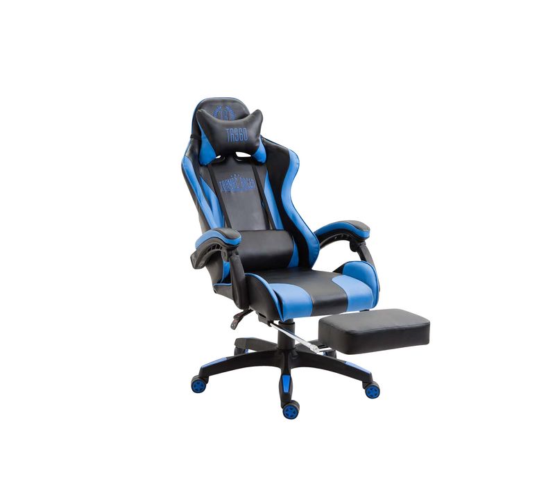 Fauteuil De Bureau Repose-pieds Télescopique Design Sportif Gamer En Pvc Noir / Bleu Et Plastique
