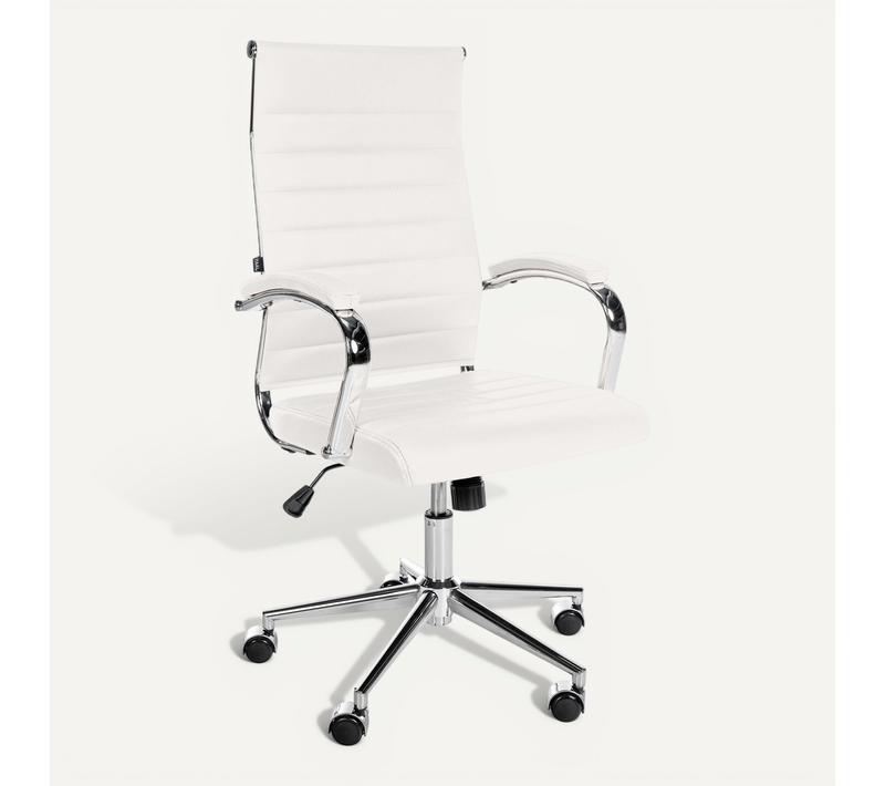 Fauteuil De Bureau En Cuir Véritable Blanc Surpiqûre Horizontale Et Pieds Métal Chromé 10_0002554
