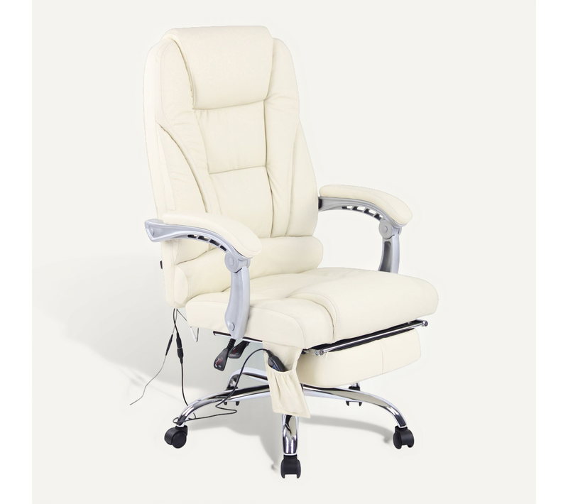 Fauteuil De Bureau Avec Fonction Massage Et Repose-pieds Ajustables En Véritable Cuir Crème 10_000