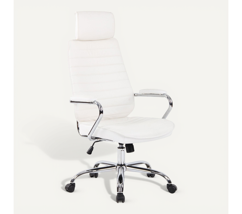 Fauteuil De Bureau Hauteur Réglable Pivotant Mécanisme De Bascule En Cuir Véritable Blanc Et Métal