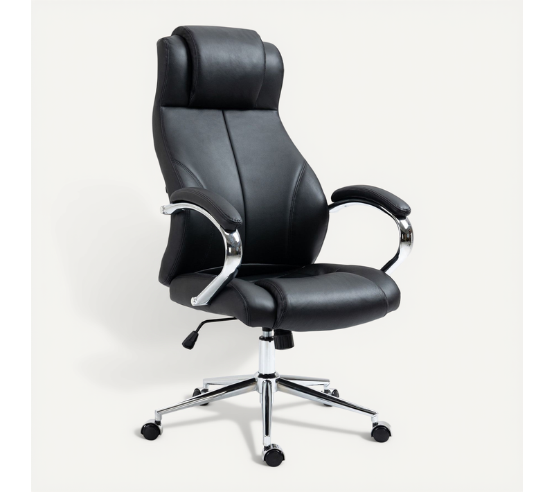 Fauteuil De Bureau Sur Roulettes Avec Accoudoirs Forme Ergonomique En Véritable Cuir Noir Et Métal
