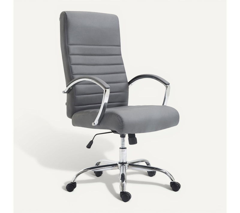 Fauteuil De Bureau Mécanisme D'inclinaison Accoudoirs Coutures Décoratives En Pvc Gris Et Métal