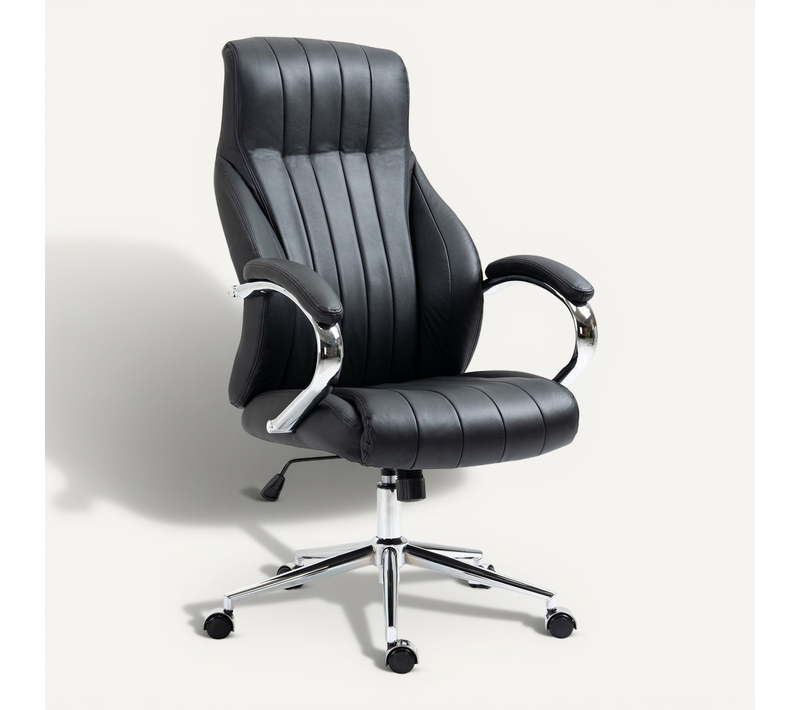 Fauteuil De Bureau Forme Ergonomique Pivotant à 360° En Véritable Cuir Noir Et Métal Chromé 10_000
