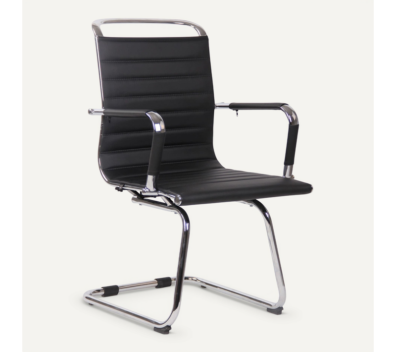 Chaise De Bureau Fauteuil Sans Roulettes Piétement Luge En Métal Chromé Assise En Pvc Noir 10_0003